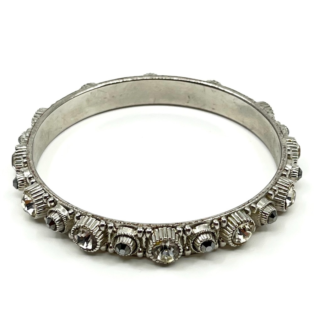 Vintage‎ Silver Tone Rhinestone Bangle Bracelet Clear & Grey Stones 8" Slide
